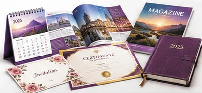 Calendars, diaries, magazines, certificates and invitations