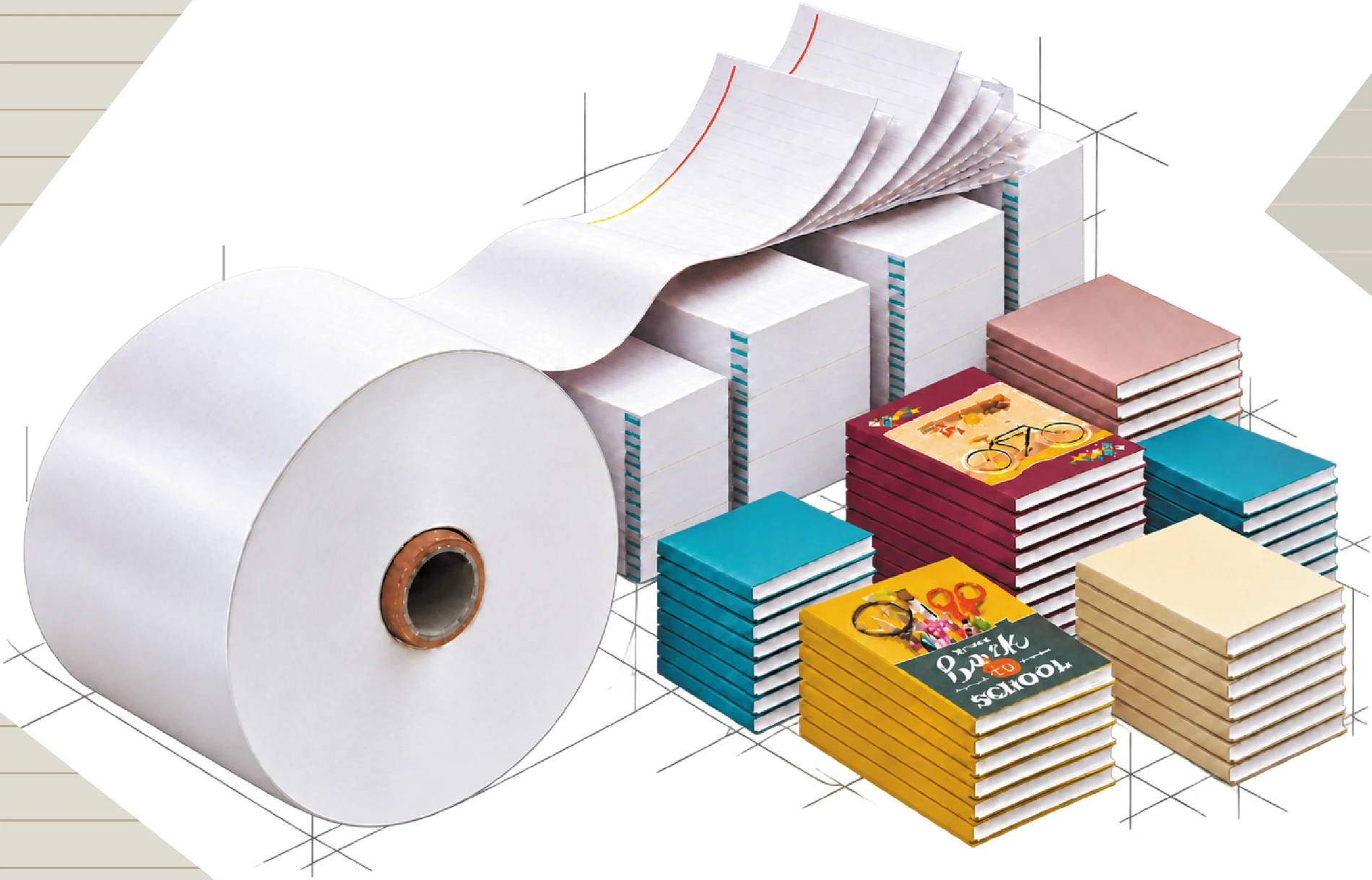 Paper reels and a colourful range of finished school notebooks