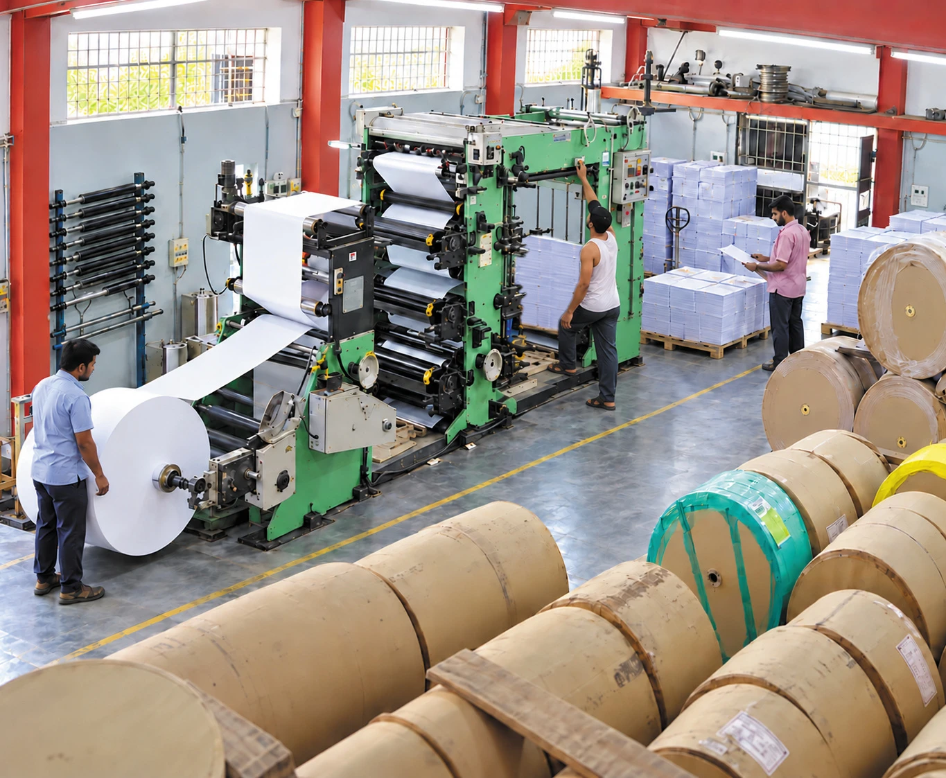 High-speed printing machinery and paper reels in the production facility